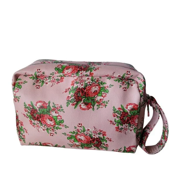 Betsey Johnson Large Double Zip Make Up Cosmetic Bag Pink Floral Red Roses - Picture 2 of 12